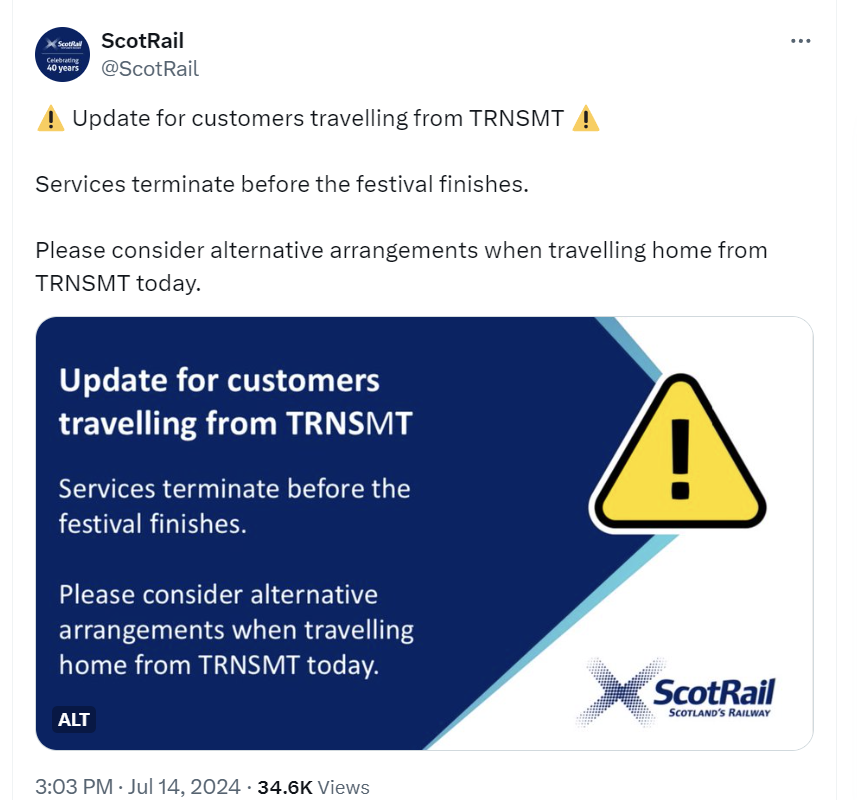 AgentP22's tweet photo. Question:

What does 17 years of  SNP transport policy give you?

Answer: 

A nationalised train service that can't even get young people safely home after the end of a music festival.