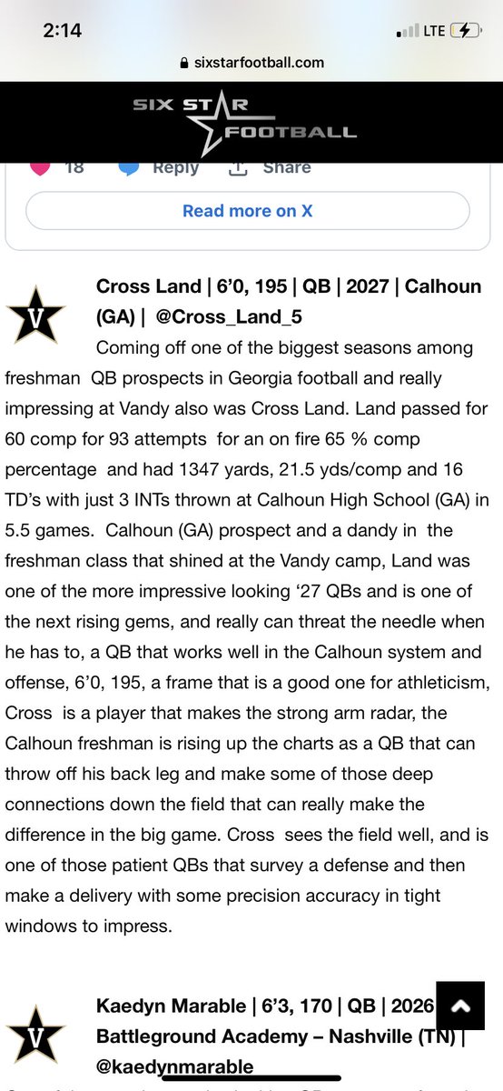 Cross_Land_5's tweet photo. Thank you @sixstarfootball for this amazing article! I had a great camp session @VandyFootball and it’s a special place. I can’t wait to be back on campus to visit! Loved building relationships w @TimBeckFB @CoachAltman @Coach_Lea @FBCoachK. https://t.co/NtZK6YeB12 https://t.co/DnFLqqGFYL