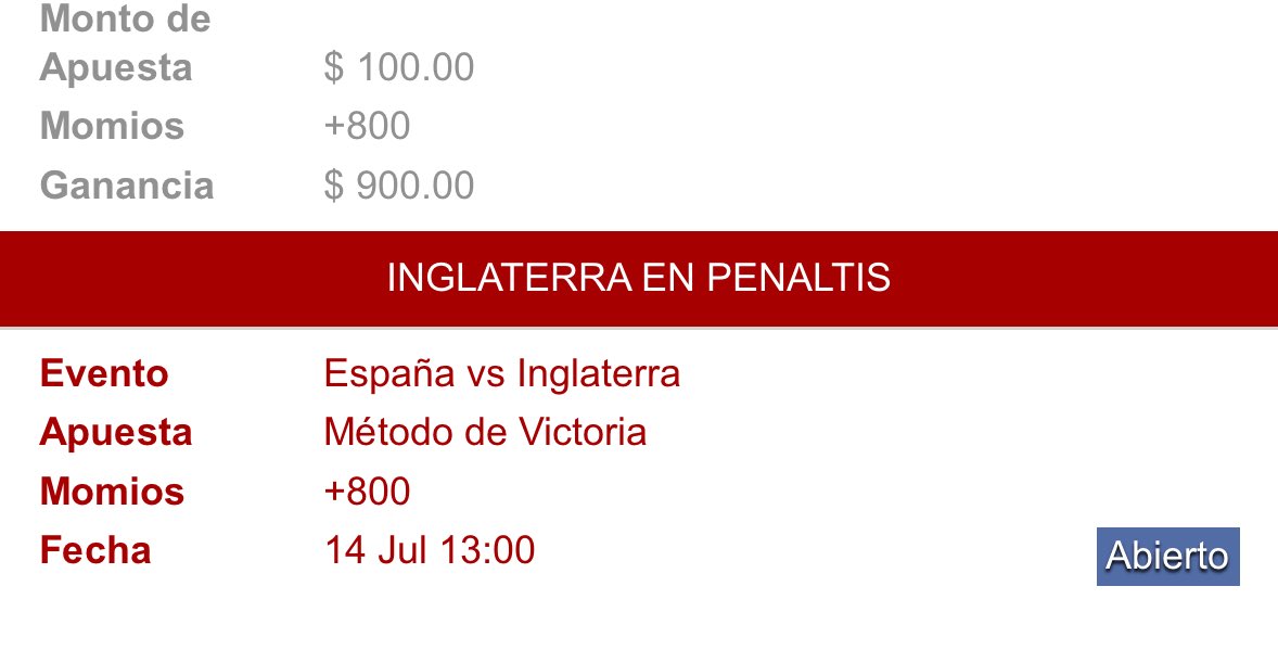 ¿QUIERES METERLE EMOCIÓN A LA FINAL DE LA EURO? 👀⚽️

Mi pick exótico para ese juego: 

- INGLATERRA EN PENALES +800 🍀🤞🏽

LIKE Y RT SI NOS SIGUES <a href="/eldiamond23/">Adrian Rosado</a> <a href="/quelluevalalana/">Que Llueva La Lana</a>