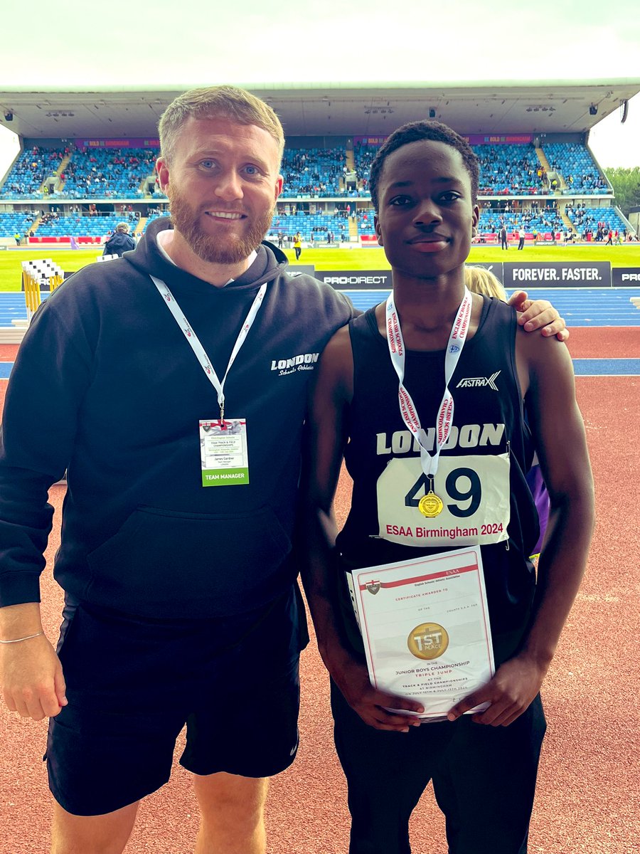 MrJGardnerPE's tweet photo. Jomiloju Hughes won the Junior Boys Triple Jump with a Championship best performance of 14.26m 🥇 That puts him number 1️⃣ all time for an U15 beating  @FoxTripleJ record from 2005. A humble young man, without a club, who was a pleasure to teach. Congrats Jomi 👏🏼 @SchoolAthletics https://t.co/98frA9jMmz