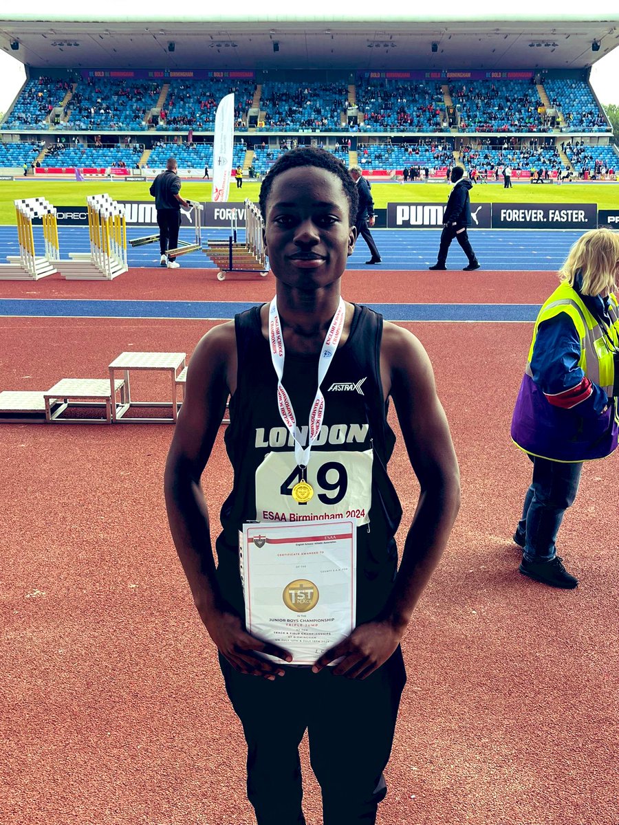 MrJGardnerPE's tweet photo. Jomiloju Hughes won the Junior Boys Triple Jump with a Championship best performance of 14.26m 🥇 That puts him number 1️⃣ all time for an U15 beating  @FoxTripleJ record from 2005. A humble young man, without a club, who was a pleasure to teach. Congrats Jomi 👏🏼 @SchoolAthletics https://t.co/98frA9jMmz