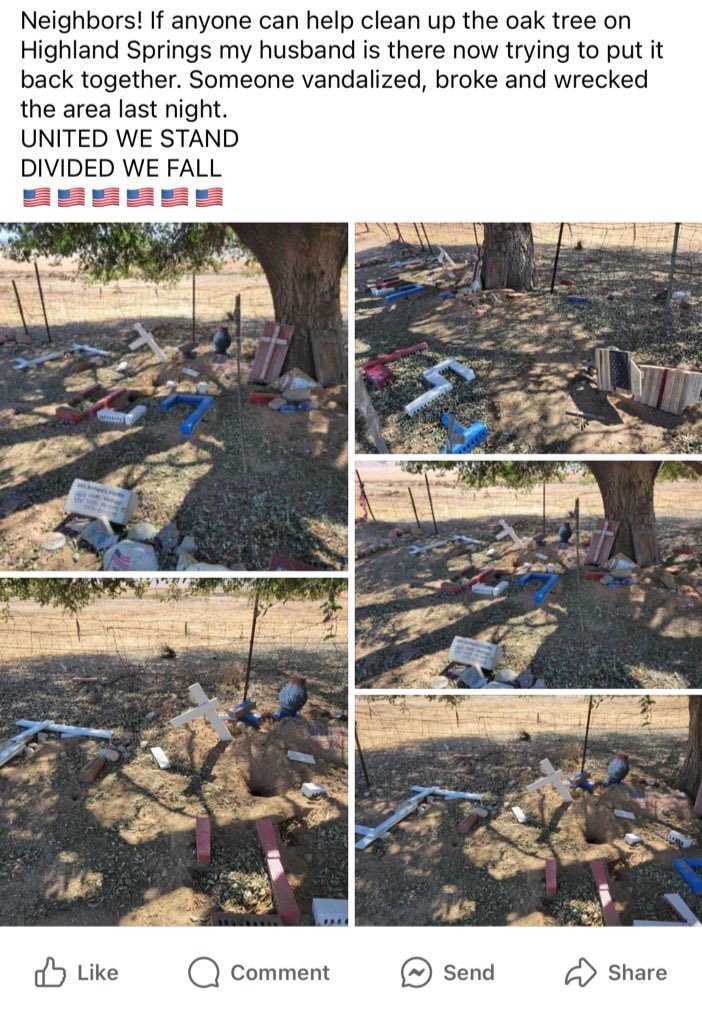 KrystalRyanMU's tweet photo. @SaltyCracker9 They just destroyed one of our Veteran Memorials here in California! This happened sometime last night. This Veteran Tree has been here over 20 years! Disgusting. Before &amp; After https://t.co/K80QmQepWM