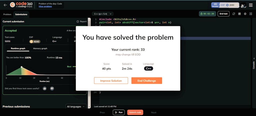 Kunalpal7981's tweet image. Topic : Arrays 
▫️Absolute difference in an array ✅️
.
.
.
#DSA #code #codingninja #100daysofcodechallenge