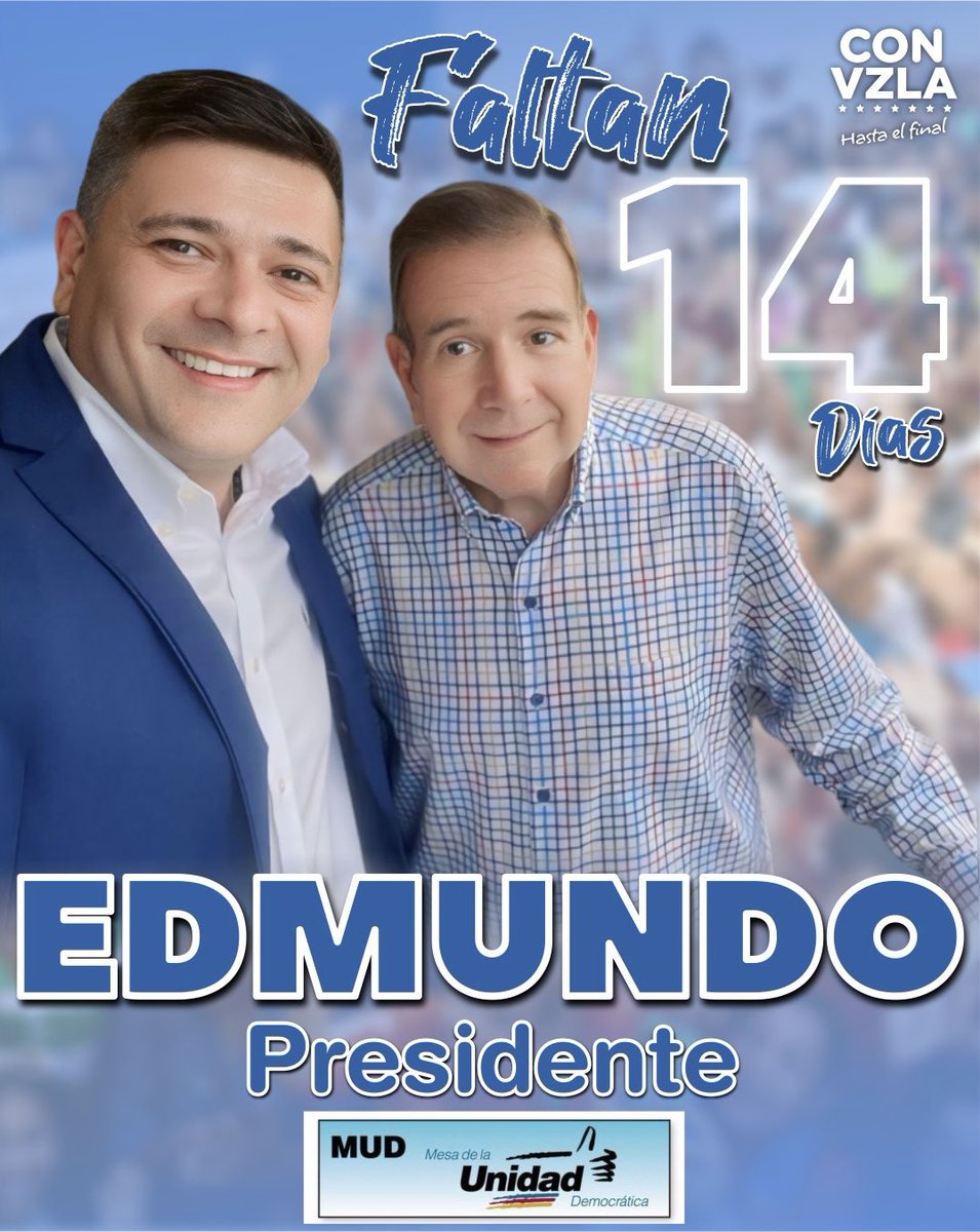 Faltan 2 domingos, solo 14 días para el gran momento esperado por los Venezolanos, la elección presidencial.

Recuerda que Edmundo González es el candidato de María Corina Machado, vota en la tarjeta de la UNIDAD, la de la manito 👍✅

¡Vamos a ganar #Venezuela !🇻🇪