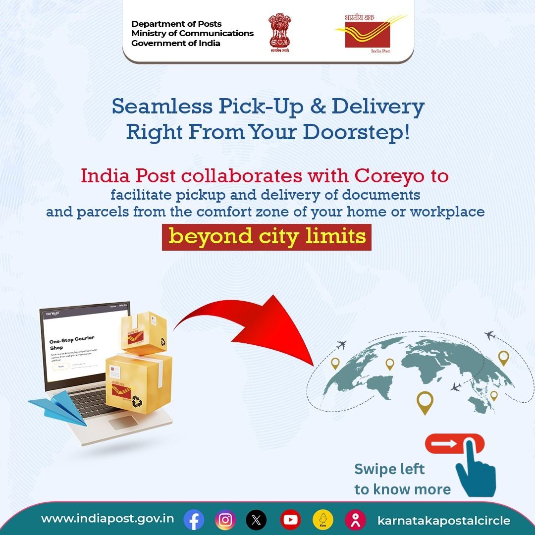 CPMGKARNATAKA's tweet photo. 📦Revolutionizing Delivery Beyond City Limits! Say goodbye to delivery hassles beyond your city! With @coreyo.official, book Speed Post documents and parcels right from your home or workplace, on https://t.co/0VwLxxJrf9! 🌐📬
#DakSewaJanSewa #SpeedPost #Coreyo #CustomerFriendly https://t.co/eXwOlH5WFv