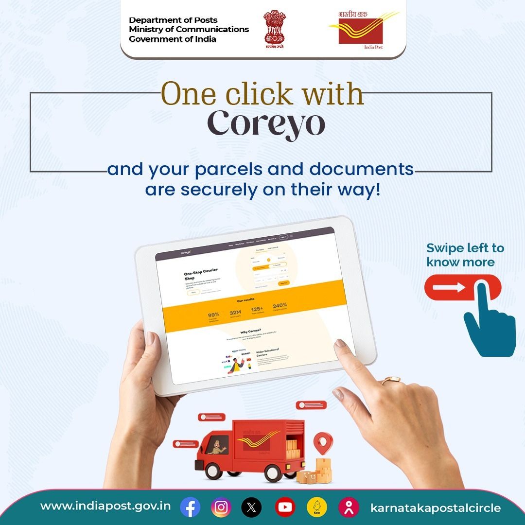 CPMGKARNATAKA's tweet photo. 📦Revolutionizing Delivery Beyond City Limits! Say goodbye to delivery hassles beyond your city! With @coreyo.official, book Speed Post documents and parcels right from your home or workplace, on https://t.co/0VwLxxJrf9! 🌐📬
#DakSewaJanSewa #SpeedPost #Coreyo #CustomerFriendly https://t.co/eXwOlH5WFv