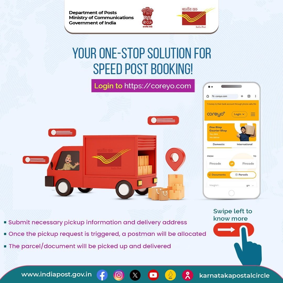 CPMGKARNATAKA's tweet photo. 📦Revolutionizing Delivery Beyond City Limits! Say goodbye to delivery hassles beyond your city! With @coreyo.official, book Speed Post documents and parcels right from your home or workplace, on https://t.co/0VwLxxJrf9! 🌐📬
#DakSewaJanSewa #SpeedPost #Coreyo #CustomerFriendly https://t.co/eXwOlH5WFv