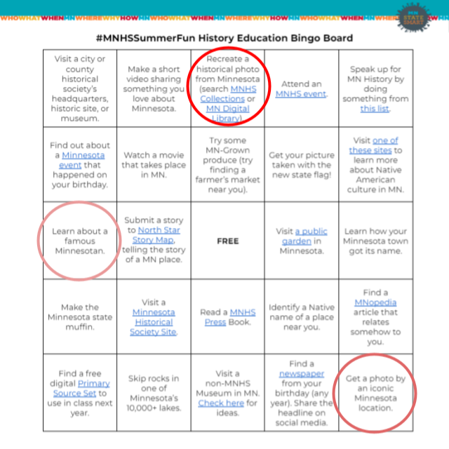 HistoryEdMNHS's tweet photo. The Teacher Education team has been busily working at Bingo! Today we recreated a historical photo. How are your bingo boards coming? #MNHSsummerfun #MNStudies #TeacherFun https://t.co/STyF11stYj