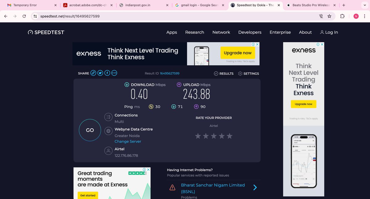 KapilGo44236033's tweet photo. @airtelindia @Airtel_Presence @airtelnews 

Look at the speed when the plan is 200mbps download https://t.co/qa896qIgMV