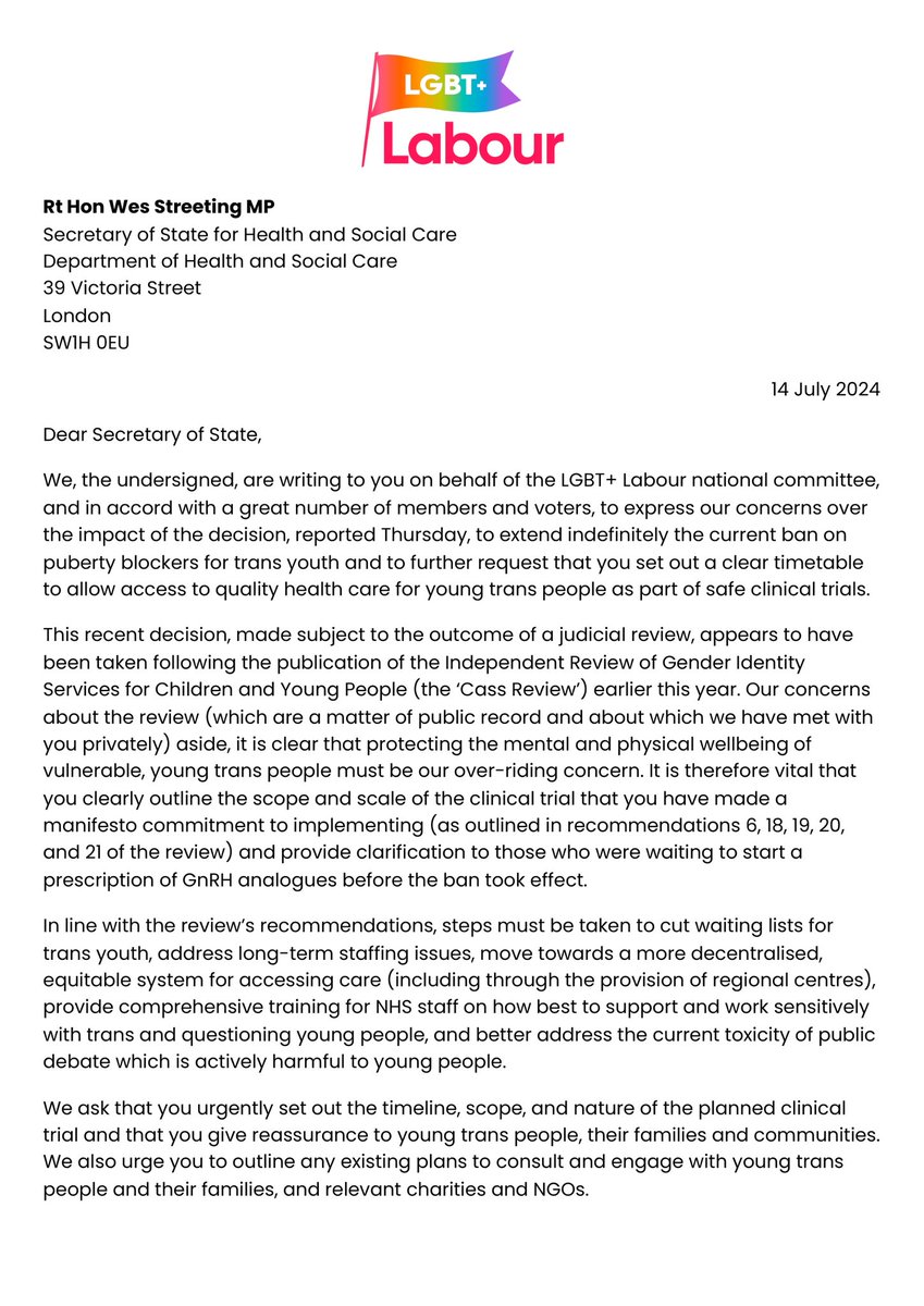 LGBTLabour's tweet image. We’ve written to the Health Secretary to raise our concerns on the ongoing discussion around puberty blockers.