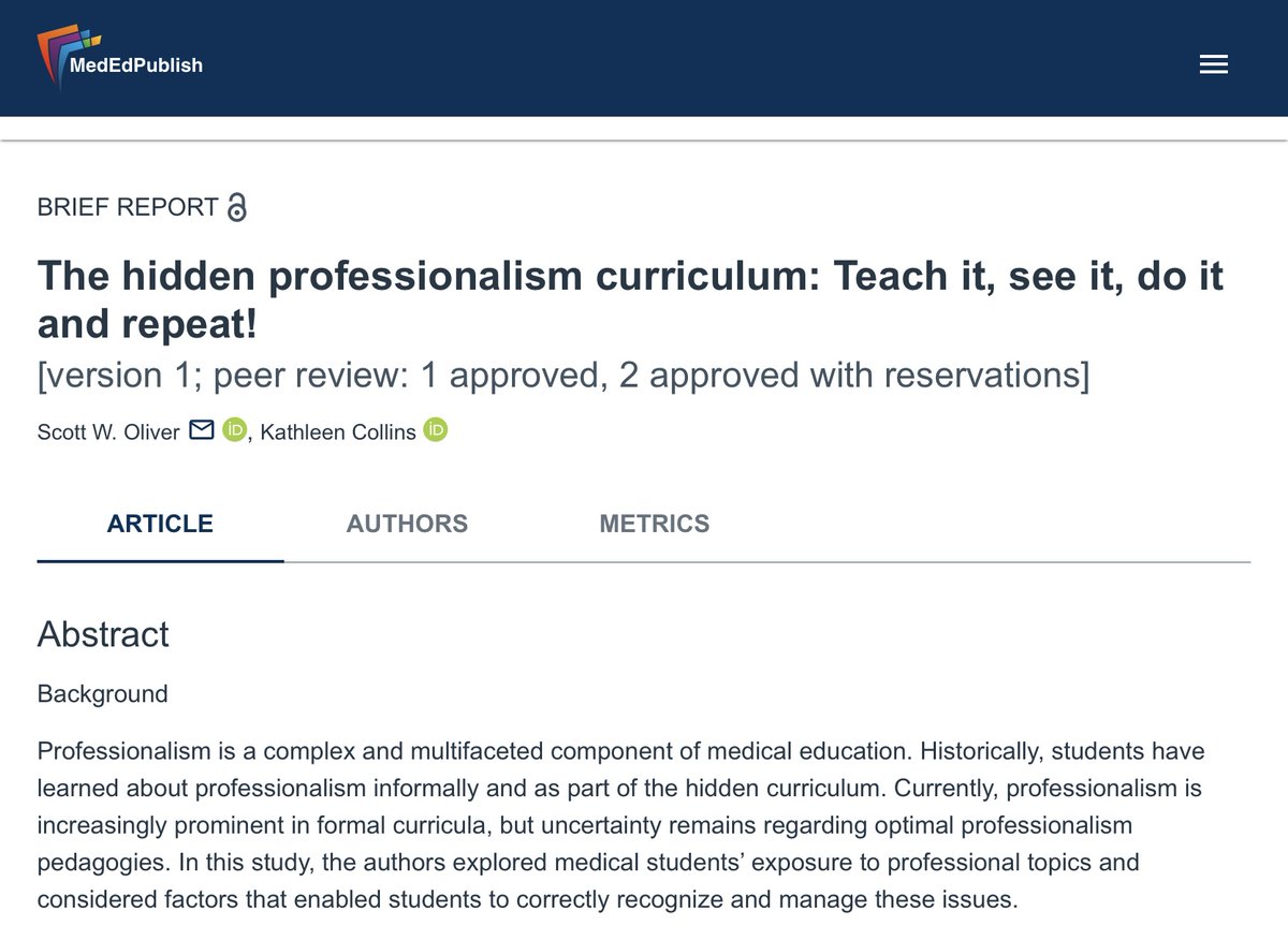 MedEdPublish's tweet image. We are excited to share the latest #MedEdPublish journal article! 

Discover how to uncover and integrate the often overlooked aspects of professionalism into your teaching practice. 

mededpublish.org/articles/14-39 

#HealthProfessionsEducation  #TeachingStrategies   #HiddenCurriculum