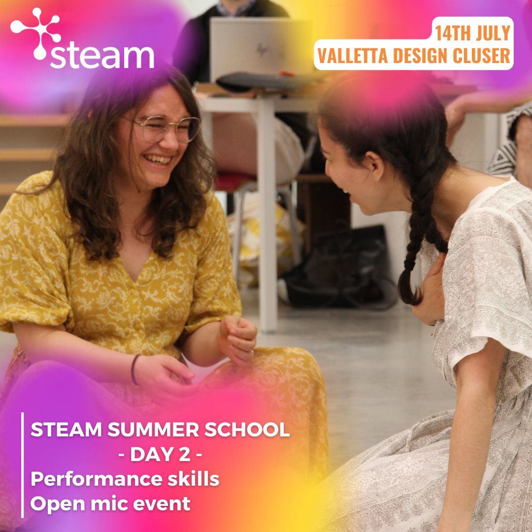 steam_school's tweet photo. Day 2 of the #STEAMSummerSchool at the Valletta Design Cluster🌟
Participants developed performance  skills in #creative workshops led by our amazing tutors🎤
A lunchtime swim refreshed them for a dress rehearsal, gearing up for tonight’s #OpenMicNight at Down the Rabbit Hole🌞 https://t.co/Vh7JRIIBDN