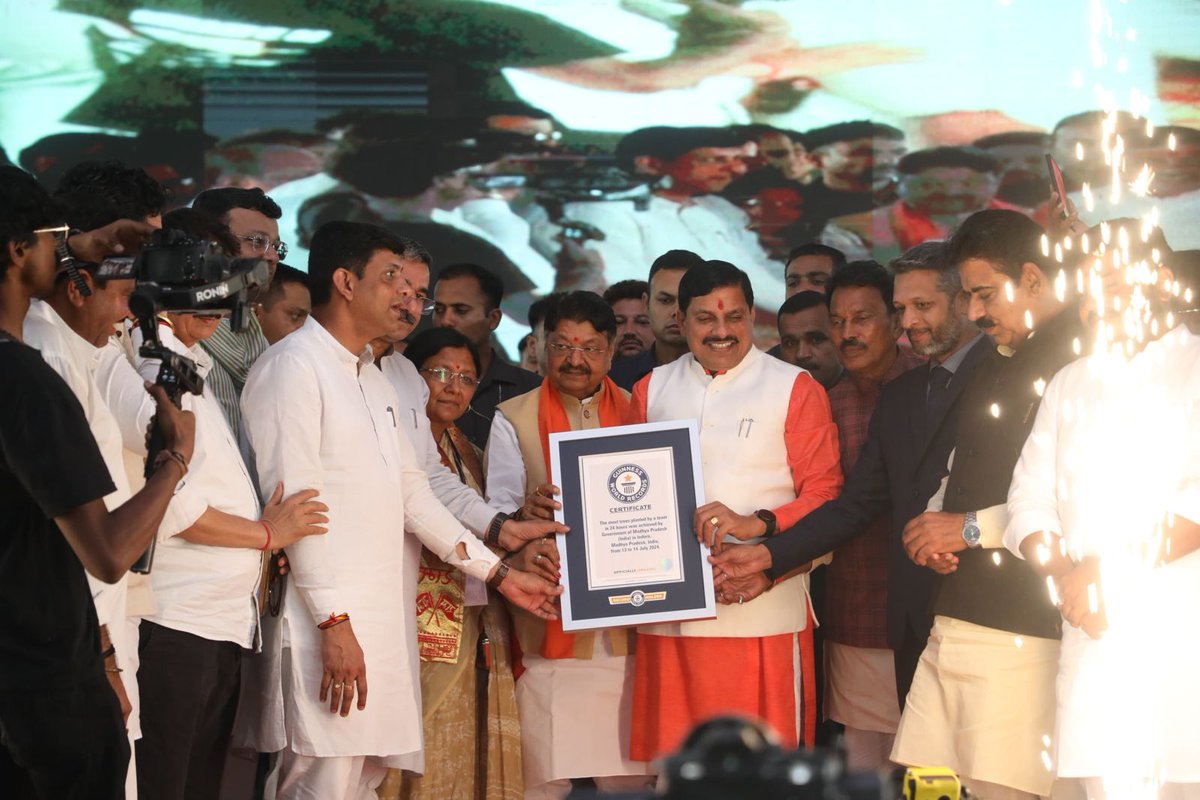 ANI's tweet photo. The Madhya Pradesh government sets a world record for planting the maximum number of trees within 24 hours in Indore. Chief Minister Dr Mohan Yadav received the certificate from the Guinness Book of World Records. https://t.co/oPSISYXMe6