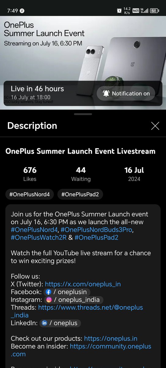 Doctor_G420's tweet photo. "Excited for the OnePlus Summer Launch Event on July 16 at 6:30 PM! 🎉 Join the livestream to catch the unveiling of #OnePlusNord4, #OnePlusNordBuds3Pro, #OnePlusWatch2R, and #OnePlusPad2. Don't miss your chance to win exciting prizes! #OnePlusLaunch #OnePlusEvent" https://t.co/3xyA2q9tfP