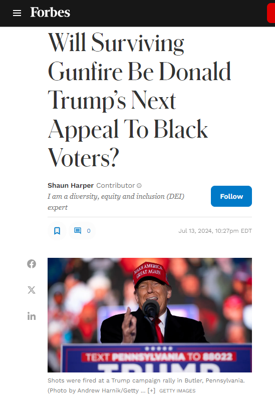 QueenRMade1's tweet photo. White Americans must think all black Americans are criminals who live in dangerous neighborhoods &amp; have criminal histories. It’s why they write stupid 💩like this. PSA, Trump getting shot at by a registered Republican not only does not appeal to us, it reminds us of his vileness. https://t.co/x2rWd7Xkck