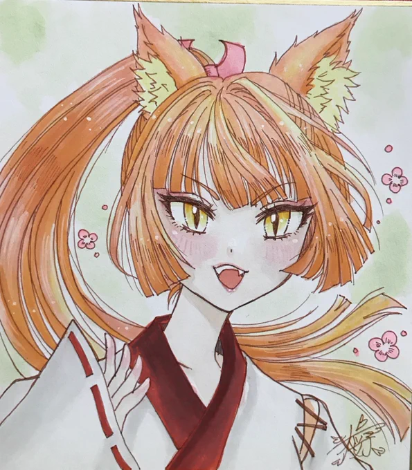 #オリジナルイラスト #ミニ色紙 #コピック塗り Fox Shrine maiden