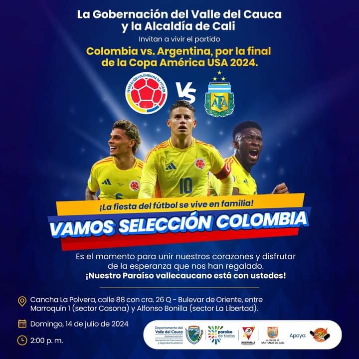 Vamos a apoyar a la ‘Sele’ en esta gran final de la Copa América! 
En el Bulevar de Oriente, la Dra <a href="/DilianFrancisca/">Dilian Francisca T.</a> <a href="/GobValle/">Gobernación Valle del Cauca</a> junto con la <a href="/AlcaldiaDeCali/">Alcaldía de Cali</a>  y el alcalde <a href="/alejoeder/">Alejandro Eder</a> colocarán dos pantallas gigantes para que vayamos en familia a apoyar a nuestra Selección #CALI