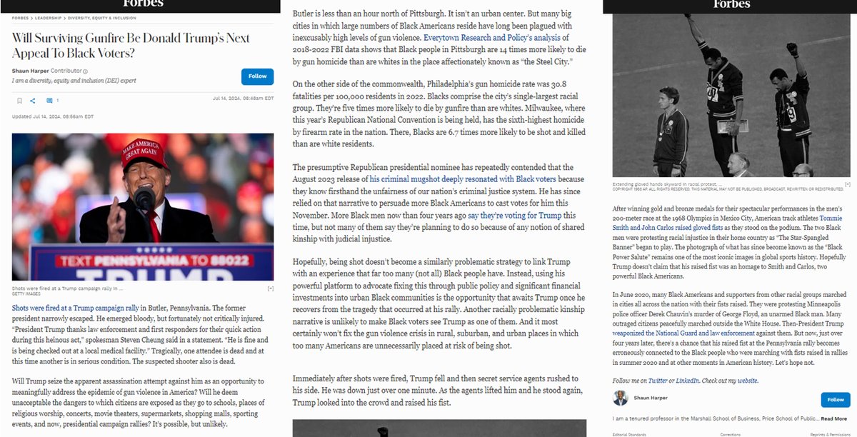 lobsterlooker's tweet image. Here's the DELETED article from Forbes trying to connect Trump's assassination as an appeal effort for black voters forbes.com/sites/shaunhar…