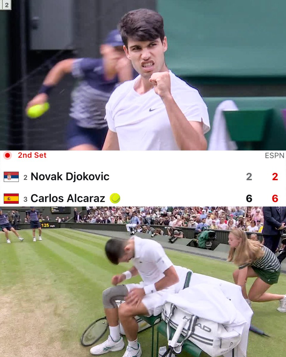 espn's tweet photo. Carlos Alcaraz won the first two sets vs. Novak Djokovic 😳 

No player in the Open Era has ever won the Wimbledon Gentlemen's Final after dropping the first two sets. https://t.co/0nCbXyZKwk