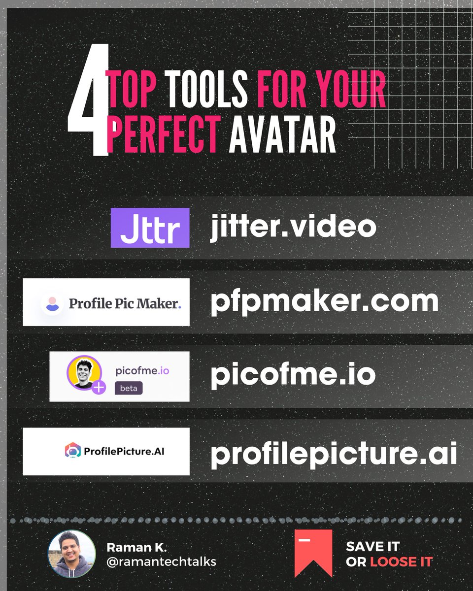 ramantechtalks's tweet image. In today&apos;s professional landscape, your online avatar is often the first impression you make. I&apos;ve curated a list of powerful applications to help you craft an avatar that truly represents your personal brand.
.
#branding #profilepic