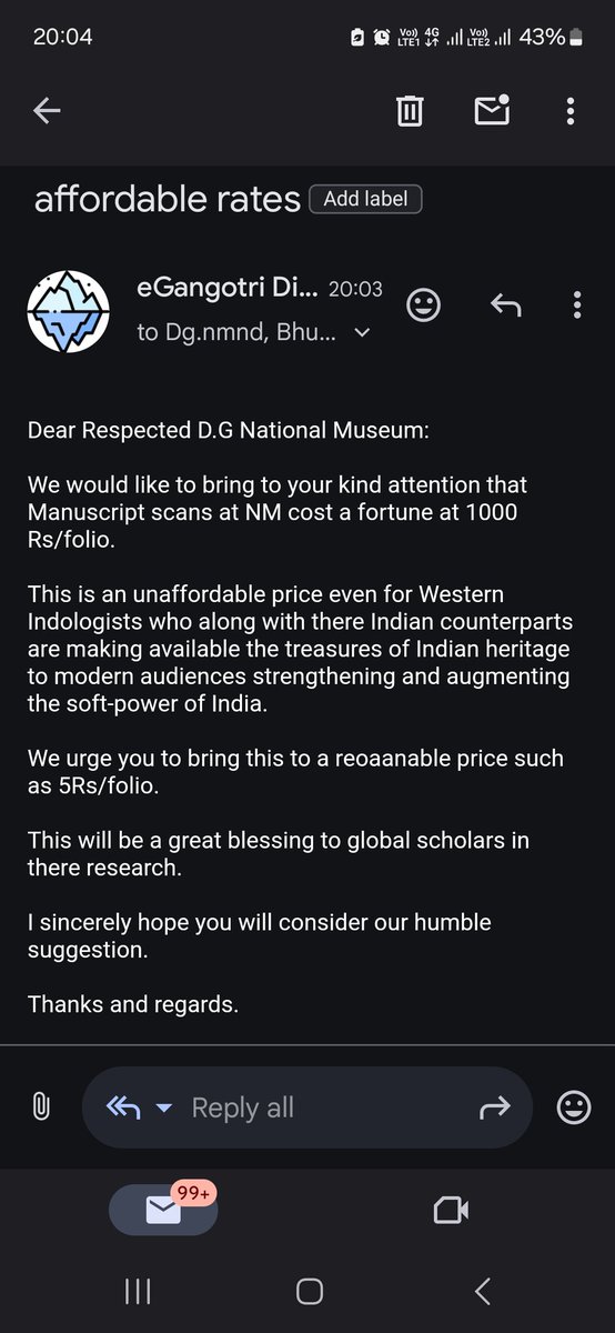 Spoke to Hon. D.G. National Museum over phone and pleaded lowering the outrageous charge of 1000 Rs/folio for National Museum Manuscript Scans.

On being encouraged to make official communication. I wrote the following email 

Thanks Hon. D.G NM to give me your kind audience.