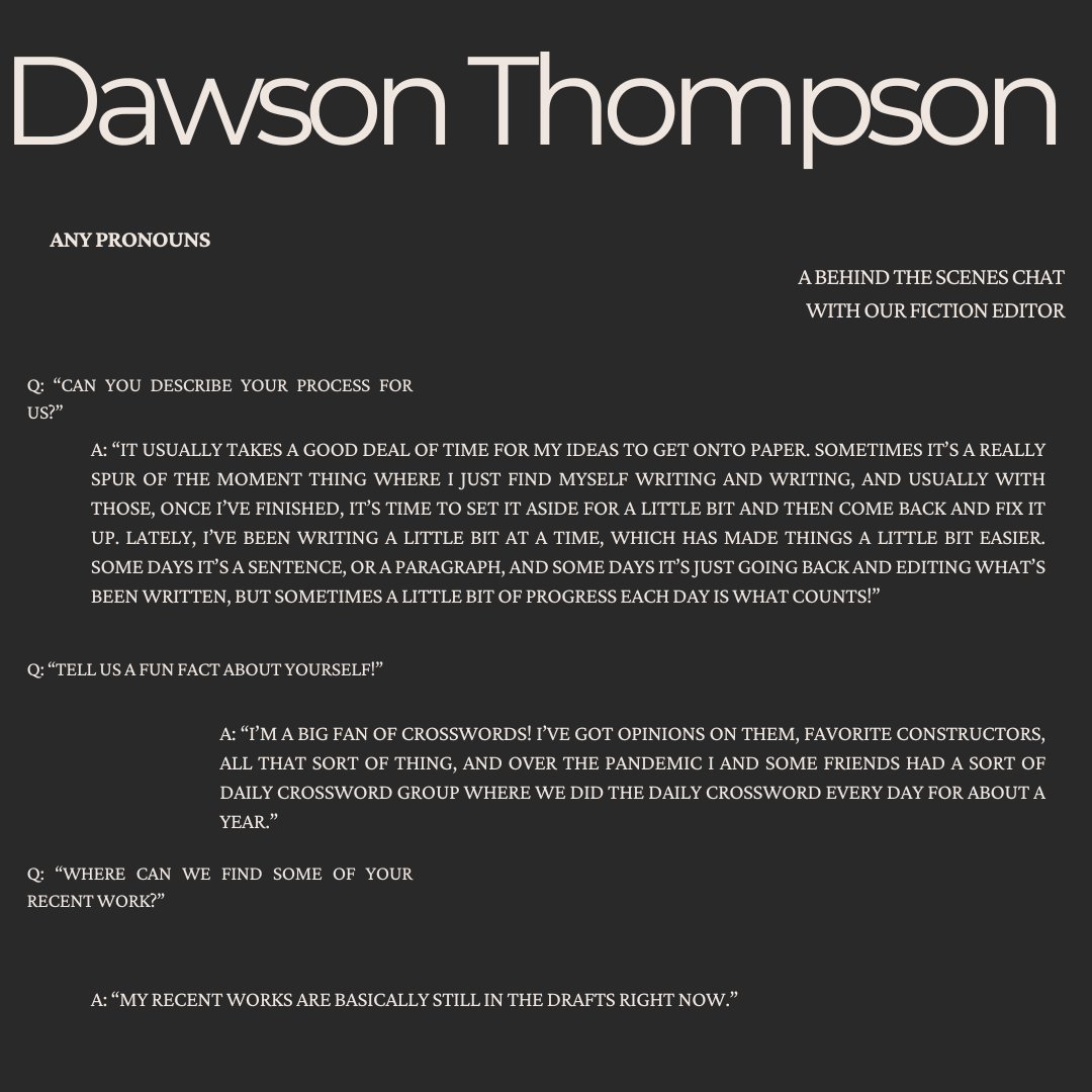 ZERO READERS - SUBS CLOSED (@zeroreadersmag) on Twitter photo A new bombshell has just arrived in the ZR Staff introduction posts! Say hello to Dawson (any pronouns)! Want more Dawson? Check out our Patreon, as well as their X, <a href="/KingfisherAtlas/">Atlas</a>  ! A new bombshell has just arrived in the ZR Staff introduction posts! Say hello to Dawson (any pronouns)! Want more Dawson? Check out our Patreon, as well as their X, <a href="/KingfisherAtlas/">Atlas</a>  !