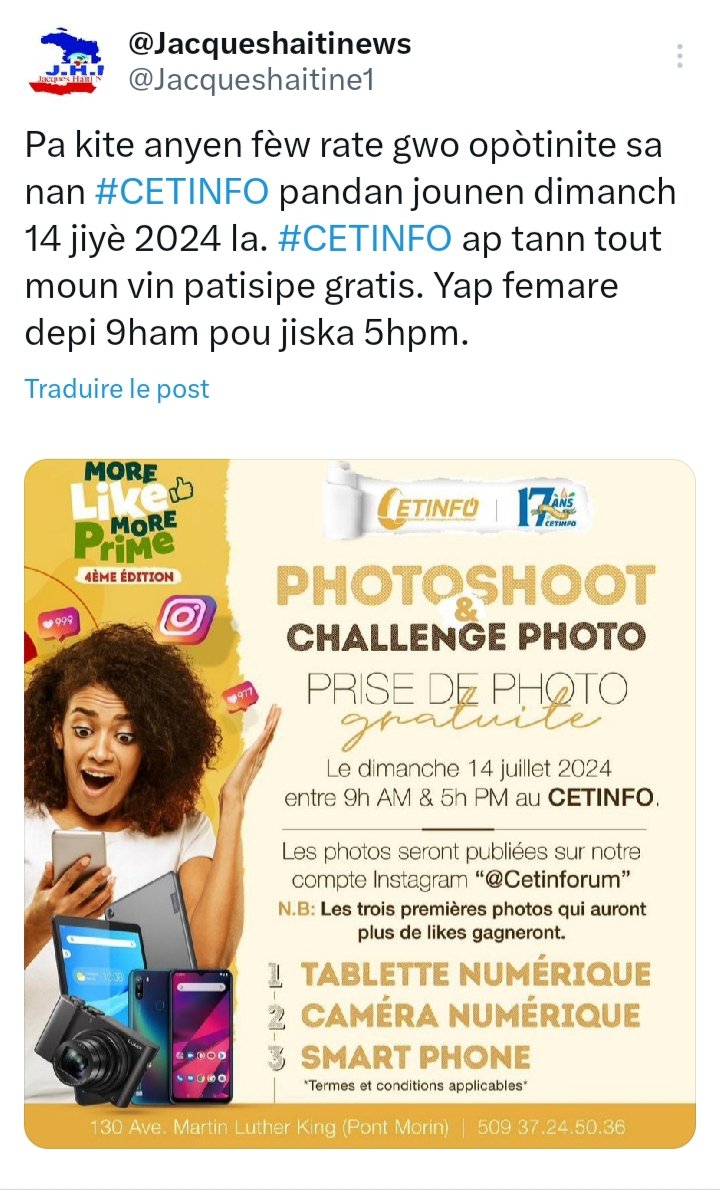Jacqueshaitine1's tweet photo. Pa kite anyen fèw rate gwo opòtinite sa nan #CETINFO pandan jounen dimanch 14 jiyè 2024 la. #CETINFO ap tann tout moun vin patisipe gratis. Yap femare depi 9ham pou jiska 5hpm. https://t.co/Vb6BwffphK