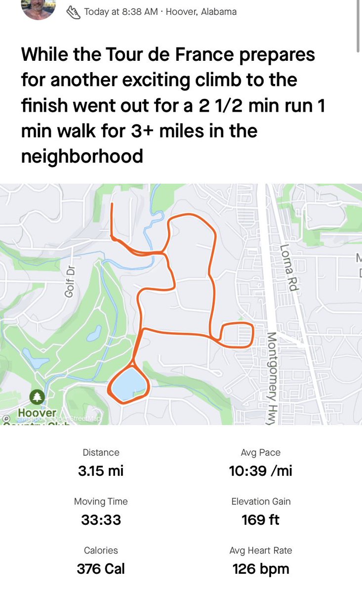 Bama26Point2's tweet image. 8:38am / 80°F * 3.15 miles in the neighborhood of 2 1/2 min run / 1 min walk intervals for 33:33 * good intentional dehydration sweatfest as the TDF prepares for another exciting stage finish climb and Carlos is dominating at Centre Court #runchat #runner #runcoach