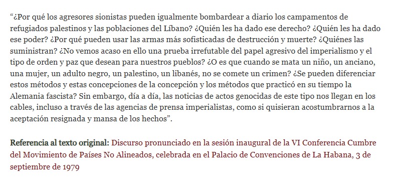 #Fidel: "día a día, las noticias de actos genocidas nos llegan a través de las agencias imperialistas, como si quisieran acostumbrarnos a la aceptación resignada y mansa de los hechos." Ayer, en Al Mawasi, hubo casi un centenar de asesinados. 
#PalestinaLibre 
#GazaGenocide