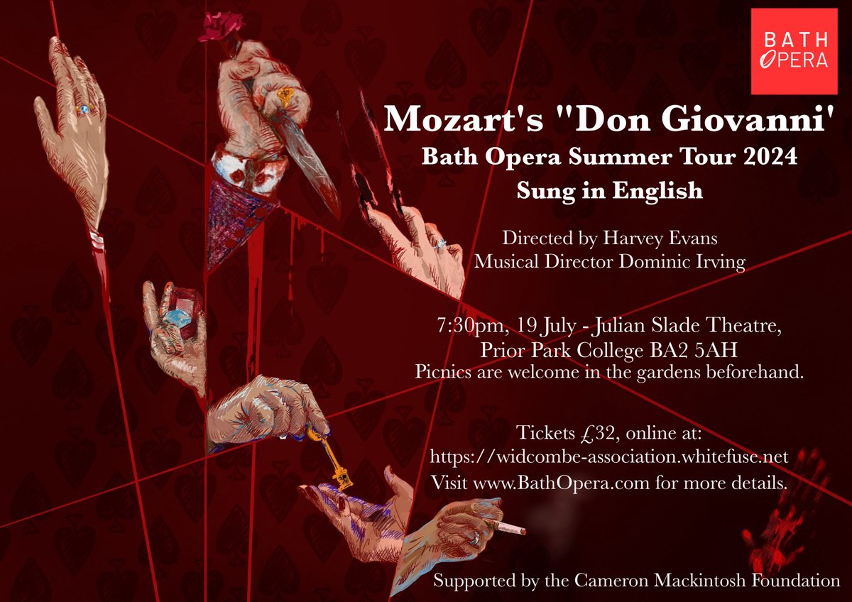 Bath Opera in association with the Widcombe Association is performing Mozart’s opera Don Giovanni in the Julian Slade Theatre, Prior Park College, on Friday 19 July at 7.30pm. Tickets are still available and can be booked here.