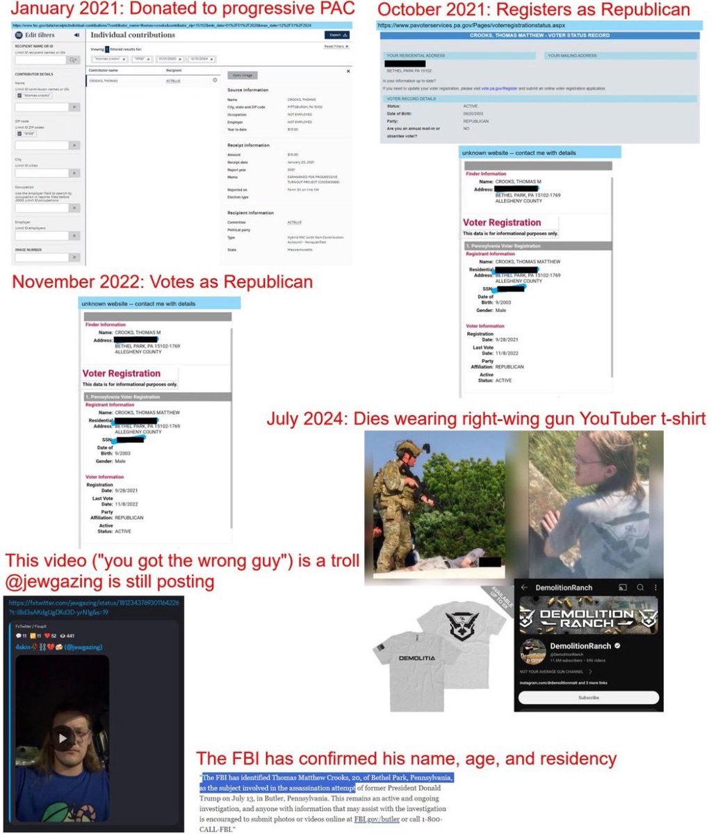 jobagdonuts's tweet image. #TrumpAssasinationAttempt
The Trump shooter is a registered Republican named Thomas Matthew Crooks. He used an AR-15 and was wearing a shirt supporting a far right pro-2A group.
Seems like the militia types are tired of being pawns and carrying out Trump’s orders.
(see #J6)
