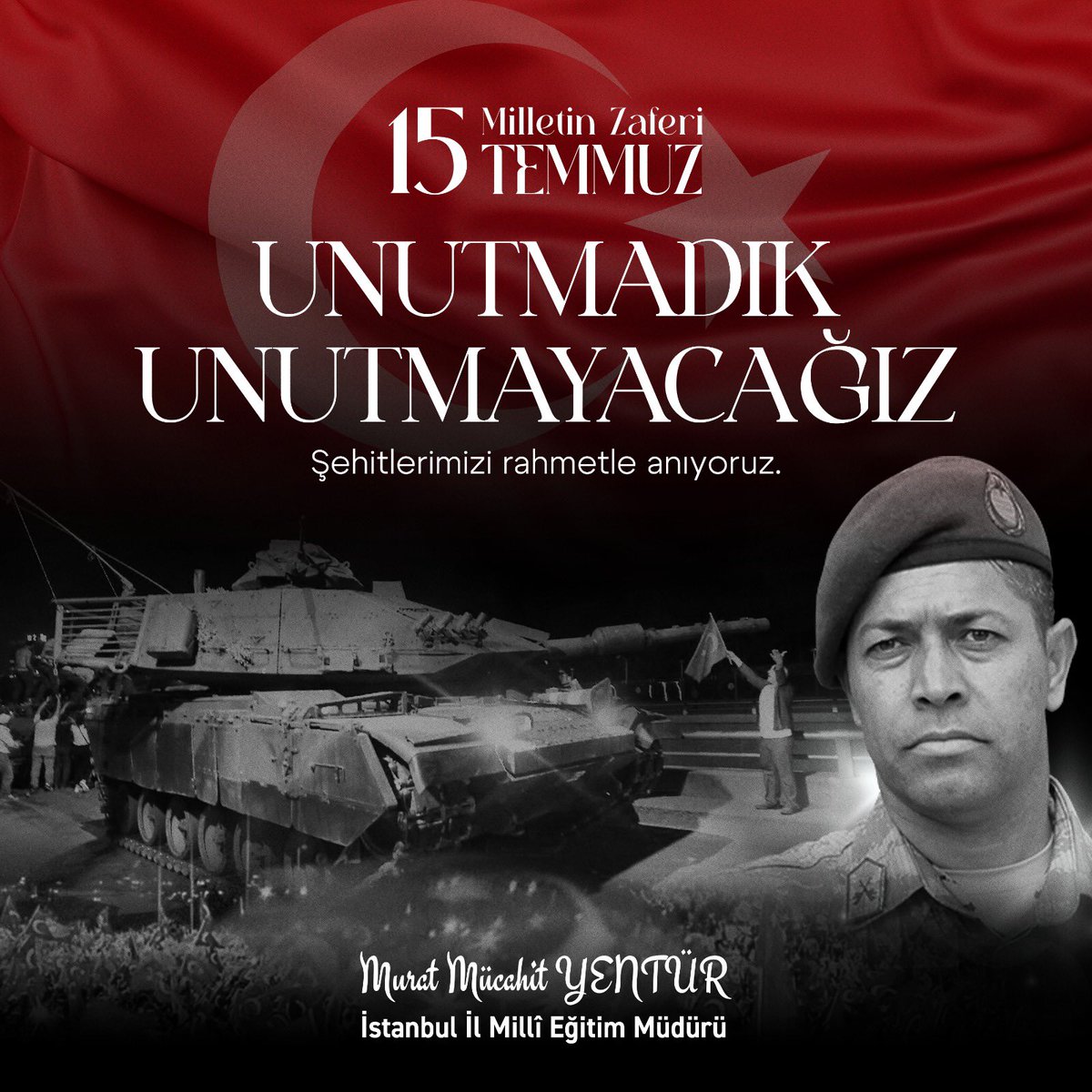 15 Temmuz Demokrasi ve Millî Birlik Günü"nün 8. yılında, hain FETÖ teşebbüsün mağlup edilmesi uğruna canlarını feda eden 251 vatan evladını ve tarih boyunca aynı mukaddes değerler uğruna can veren tüm şehitlerimizi rahmetle anıyor; tüm gazilerimize hayırlı ömürler diliyorum.