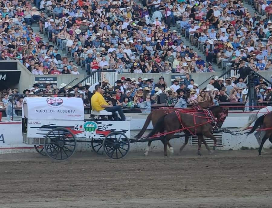 Minhas Brewery Chuckwagon Tarp at the Calgary Stampede with driver Todd Baptiste. 

Made of Alberta in Alberta.