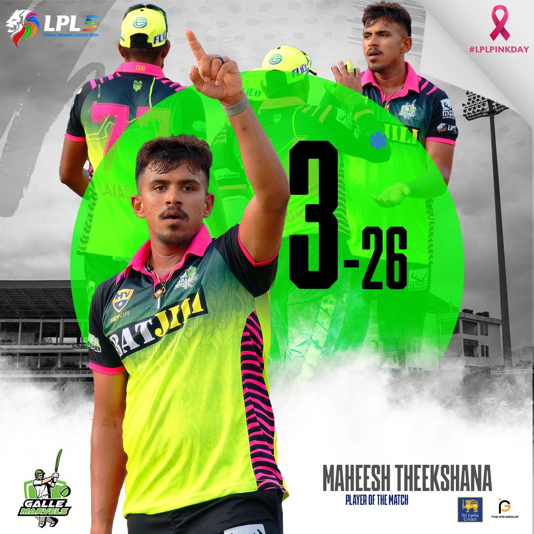 LPLT20's tweet photo. 🌟 Highlight Hero: Maheesh Theekshana 🌟

With a brilliant spell of 3 wickets for 26 runs and a crucial wicket in the Super Over, Theekshana earns the Player of the Match title! 🏏🔥

#LPL2024 #LPLPinkDay #LankaPremierLeague #LPLT20 #SriLankaCricket #SLC #CricketFever #T20Cricket https://t.co/zgeQEj1cXm