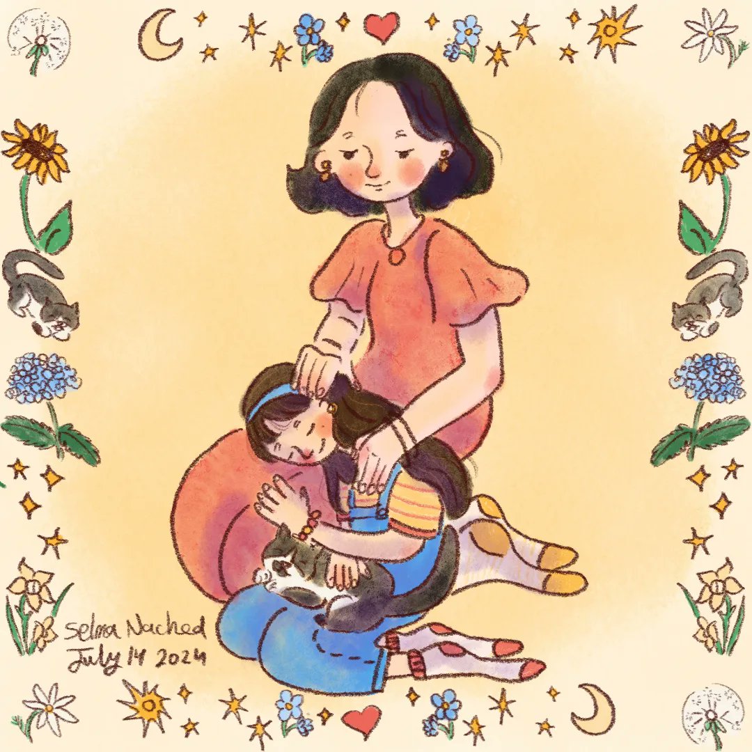 NachedSelma's tweet photo. Childhood week day 1 care   #childhoodweek2024 #childhoodweek #illustration  #childhoodweekday1 #motheranddaughter #flowers #sunflower #moon #stars #紫陽花　#イラストレーション  #procreate #cats #illuatrationartist #painting #dandelions #selma__art_ #イラスト　#illustrationart https://t.co/TzTv1PaNO4