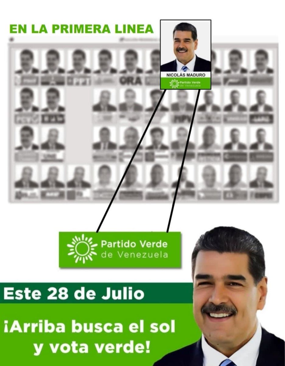 🅜🅞🅒🅔🅥 🅡🅔🅥🅔🅡🅓🅔🅒🅔❗

𝗩𝗢𝗧𝗔 𝗩𝗘𝗥𝗗𝗘 💚

El partido verde de 🇻🇪 ya preparado  para garantizar con toda su militancia este 28 de Julio la reelección del presidente <a href="/NicolasMaduro/">Nicolás Maduro</a> 

𝙏𝙊𝘿𝙊𝙎 𝘾𝙊𝙉 𝙈𝘼𝘿𝙐𝙍𝙊!

<a href="/HeryckRangel/">Heryck Rangel</a>
<a href="/moisesmocev/">Moises Garcia</a>
#VenezuelaUnidaAvanza