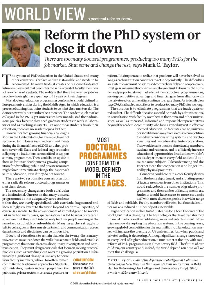 Current system of PhD education is broken and unsustainable. There are two options: either radically reform PhD programs or shut them down. The necessary changes are both curricular and institutional. <a href="/PhDVoice/">PhD Voice - Independently Run</a> <a href="/PhD_Genie/">PhD_Genie</a> <a href="/phd/">PhD</a>

nature.com/articles/47226…