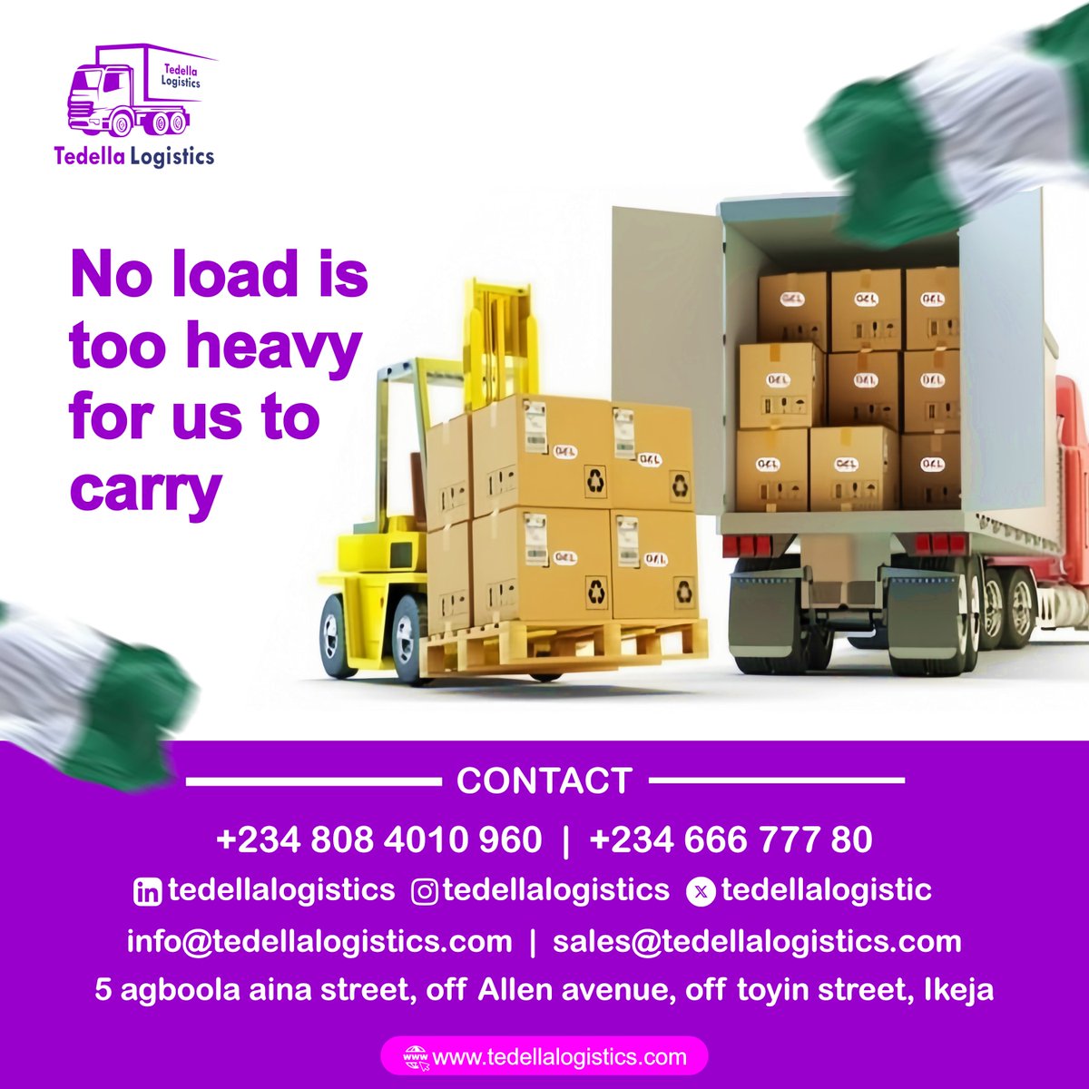 Tedellalogistic's tweet photo. At Tedella Logistics, no load is too heavy for us to carry! 💪

Our dedicated team and advanced logistics solutions ensure that even the heaviest cargo is transported with ease and efficiency.

#TedellaLogistics #HeavyCargo #ReliableTransport  #LogisticsSolutions https://t.co/VK4viorc0i