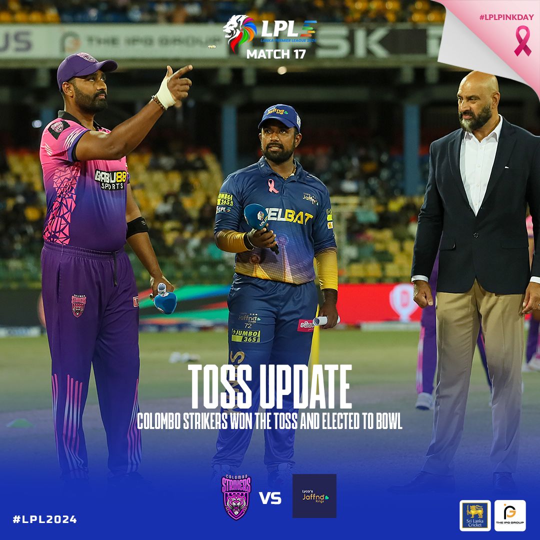 LPLT20's tweet photo. Toss Update 🪙🆙

Colombo Strikers win the toss and elect to bowl. 🐅

Following the trend of the tournament so far! Will this strategy pay off? 🏏

#LPL2024 #LPLPinkDay #LankaPremierLeague #LPLT20 #SriLankaCricket #SLC #CricketFever #T20Cricket https://t.co/yuG5NSvkD3