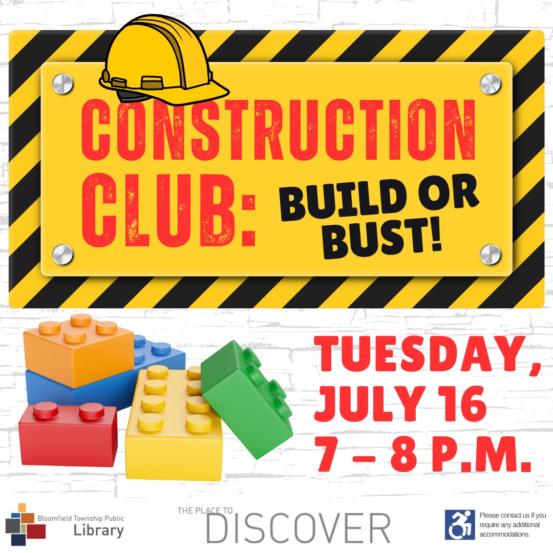 Calling all Junior Architects, ages 5 and up! Come join us for some hands-on fun with Legos, giant blocks, Lincoln Logs, MAGNA-Tiles, and more! No registration required.🛠️🎉🔧

#AdventureBeginsAtYourLibrary #BTPLSummer #LibraryFun #SummerReading #SummerLearning #BloomfieldTwpMI