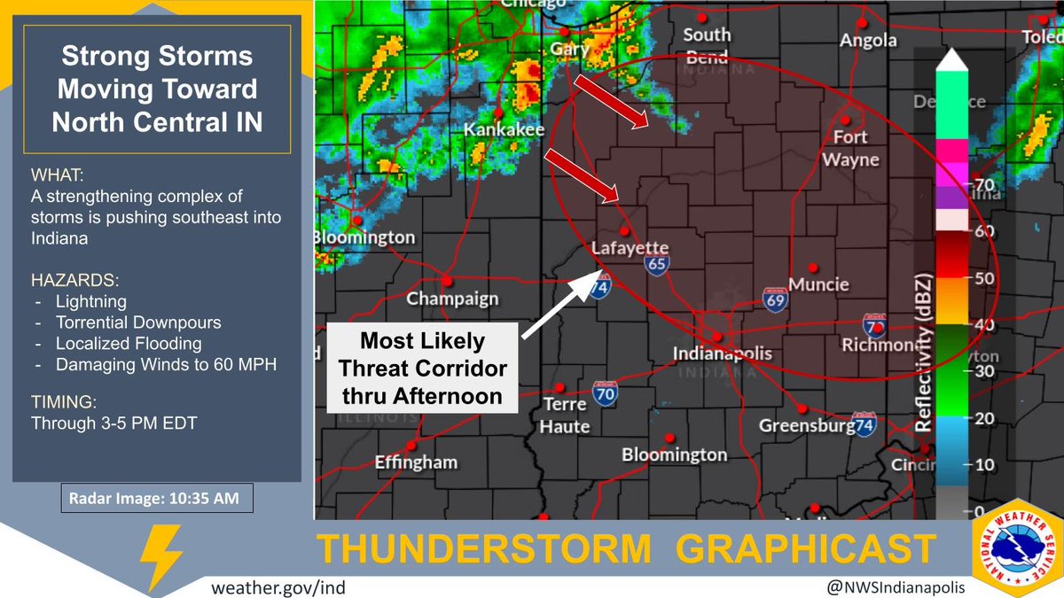 Strong to potentially severe storms are strengthening and approaching north central Indiana late this morning. A severe threat is possible through the afternoon hours, primarily NE of the I-74 corridor. Lightning, heavy rain, and damaging winds are the primary threats. #INwx
