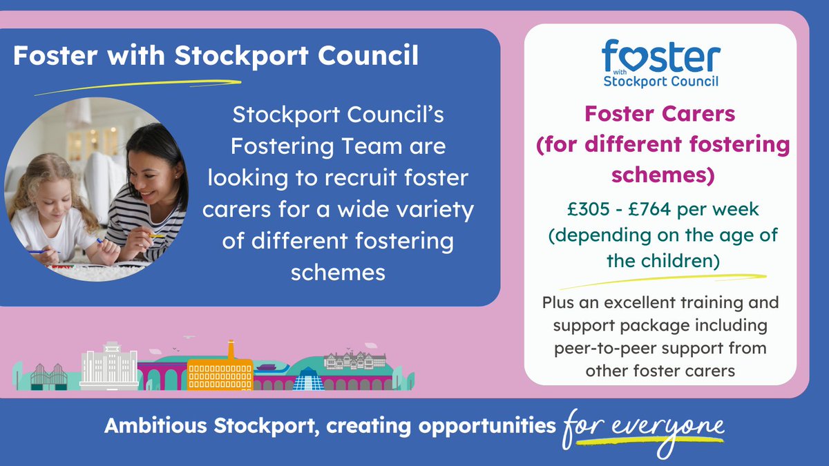 JobsAtStockport's tweet image. #FosterStockport are looking to recruit #foster carers for a wide variety of different #fostering schemes. You should be  able to show commitment, understanding and compassion to children during difficult times and help them to thrive. Find out more 👉  orlo.uk/nzgYS