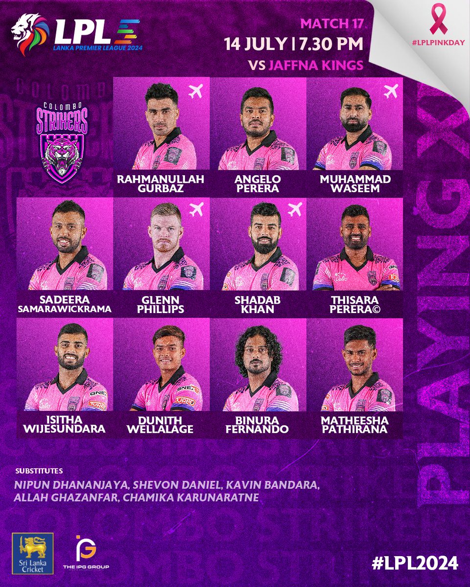 LPLT20's tweet photo. Playing XI is set 🔜🙌

Who will shine today? 🌟🏏

#LPL2024 #LPLPinkDay #LankaPremierLeague #LPLT20 #SriLankaCricket #SLC #CricketFever #T20Cricket https://t.co/WB9t4qcYeP