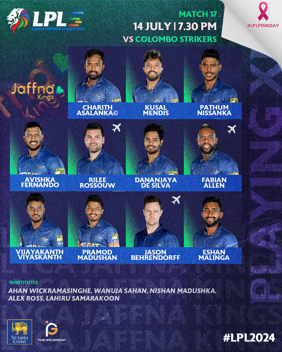 LPLT20's tweet photo. Playing XI is set 🔜🙌

Who will shine today? 🌟🏏

#LPL2024 #LPLPinkDay #LankaPremierLeague #LPLT20 #SriLankaCricket #SLC #CricketFever #T20Cricket https://t.co/WB9t4qcYeP