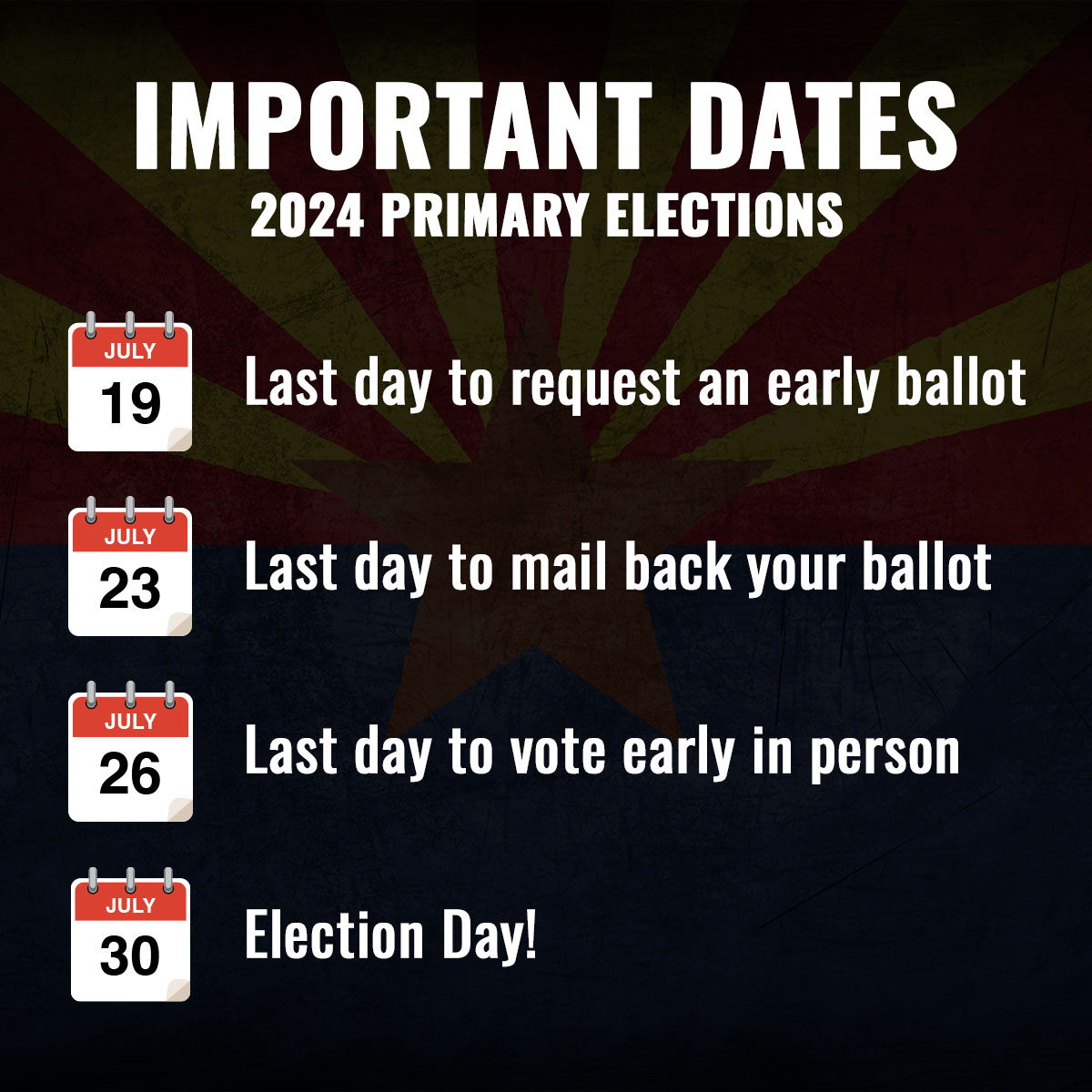 AZLD2Dems's tweet photo. Important Dates Reminder for the 2024 Primaries! Make sure your voice is heard! Ensure your vote counts! For more information, visit https://t.co/dRrqossbBz.
#VoteEarly #AZDemocrats #LD2Democrats #Election2024 #VoteBlue #AZPolitics" https://t.co/x1S6nI2eOr