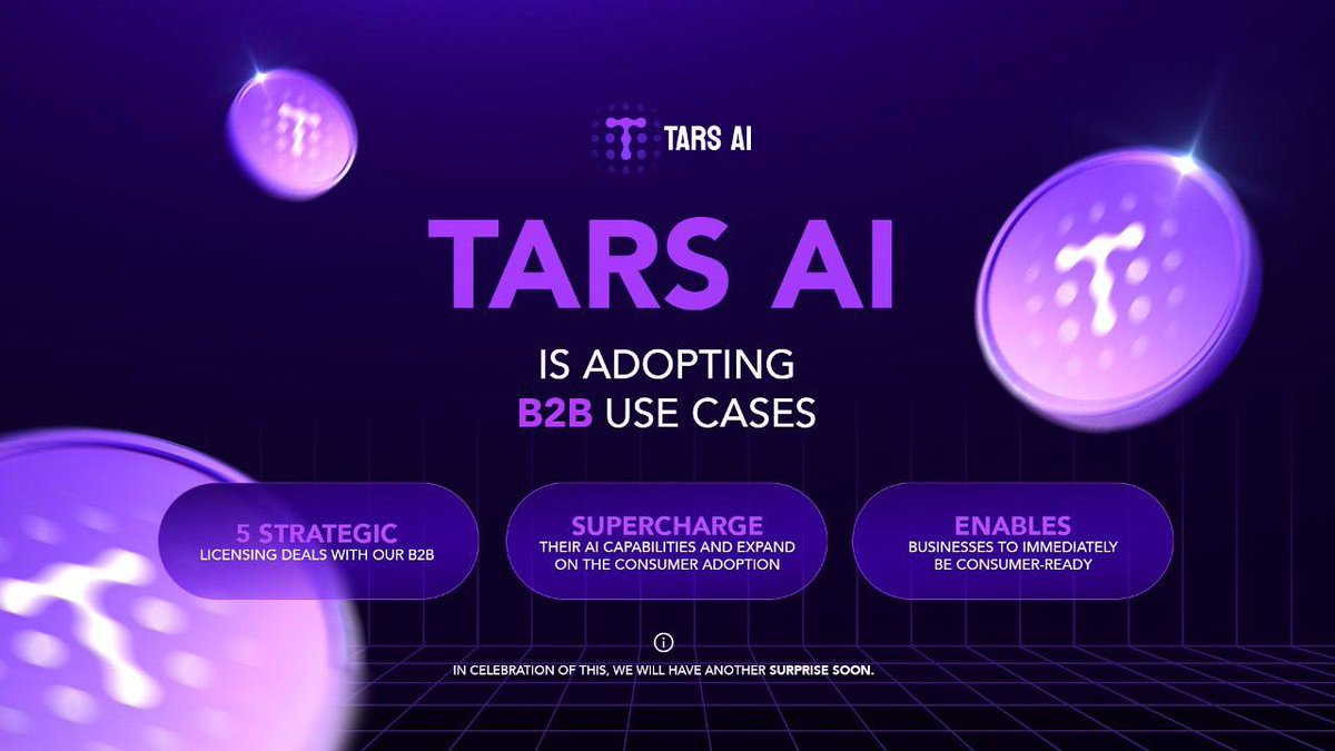 tarsprotocol's tweet photo. TARS AI is adopting B2B use cases.

By securing 5 strategic licensing deals with B2B partners, TARS AI is integrating its advanced system into their services. 

This collaboration is set to supercharge their AI capabilities and drive consumer adoption.

With TARS AI, businesses can immediately be consumer-ready, bringing cutting-edge AI to the forefront in every sector.

In celebration of this milestone, there will be another surprise coming soon.

Hint: 🔥