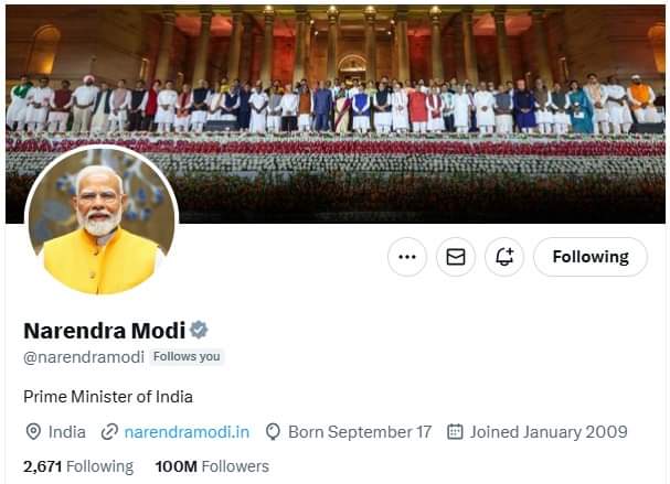 prabhat31586's tweet photo. विश्व के सर्वाधिक लोकप्रिय राजनेता, आदरणीय प्रधानमंत्री श्री Narendra Modi जी के सोशल मीडिया प्लेटफार्म (X) पर 100 मिलियन फॉलोअर्स की संख्या समाज के हर वर्ग के मध्य उनकी लोकप्रियता, विश्वसनीयता और स्वीकार्यता की एक झांकी है।
#NarendraModi #100million #modi #BJP4IND https://t.co/KQTRRBtPDB