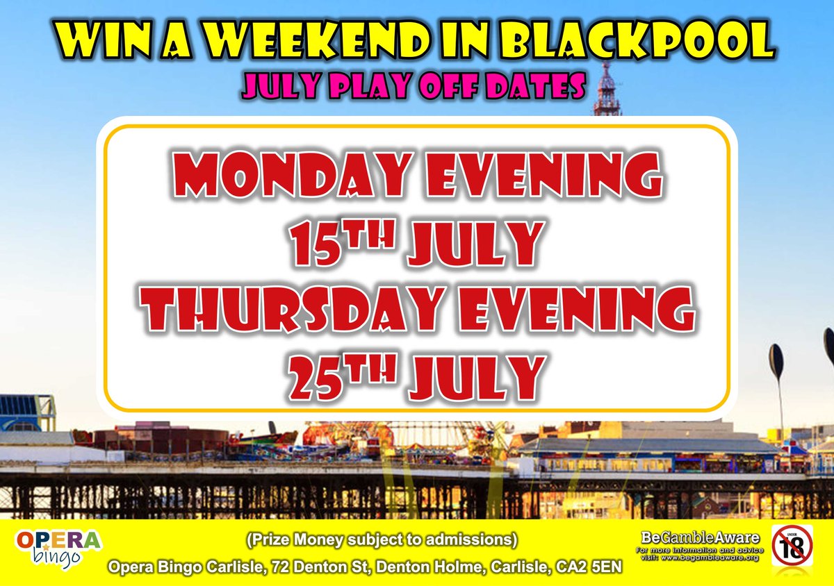 Opera_Bingo's tweet photo. 🌞𝗕𝗟𝗔𝗖𝗞𝗣𝗢𝗢𝗟 𝗛𝗢𝗟𝗜𝗗𝗔𝗬𝗦 𝗔𝗥𝗘 𝗕𝗔𝗖𝗞🌞
Blackpool Holidays are back at Opera Carlisle!!
Join the Opera Crowd as we take over Blackpool. Play in our 𝗙𝗥𝗘𝗘 𝗕𝗟𝗔𝗖𝗞𝗣𝗢𝗢𝗟 play-off game to win.
Please play responsibly - https://t.co/yqBYaODnfP - 18+ Only https://t.co/XlzoiuH0Rr