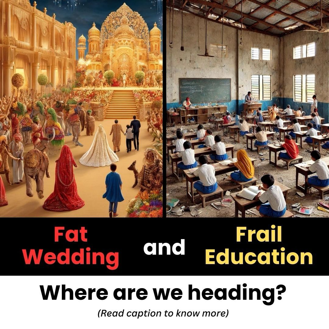 Advait_Prashant's tweet photo. "Indians spend nearly double on weddings compared to education," according to a recent report by Jefferies, an investment banking and capital market firm.

This observation resonates with our lived experience. 

It's starkly visible all around us, yet we seldom question it. 

Even now, the entire country is in awe of wedding extravaganzas and star-studded guest lists. 

Unfortunately, we have lost sight of the ground reality.

Let's take a look at some facts to understand this issue better:

🚨 Weddings:

➖ The average Indian wedding costs around ₹20 lakhs ($24,000).

➖ The Indian wedding industry is estimated to be worth ₹10 lakh crore ($130 billion) annually.

➖ Wedding expenses are often disproportionate to income levels, with some spending up to 15 times their annual earnings on weddings.

🚨 Education:

➖ India's national education budget for 2023-24 is ₹1.13 trillion ($14 billion).

➖ Total education expenditure (national + state) is about 2.9% of GDP.

➖ Average annual household expenditure on education per student:
₹8,331 for general courses.
₹50,307 for technical/professional courses.

🚨 Where Are We Going Wrong?

➖ Scale of Expenditure: The wedding industry ($130 billion) dwarfs the national education budget ($14 billion).

➖ Individual Spending: An average wedding (₹20 lakhs) costs significantly more than annual education expenses per student (₹8,331 - ₹50,307).

➖ Income Disparity: Wedding costs can be 15 times the annual income for some families, while education spending is a much smaller fraction of household income.

🚨 How Is This Hurting the Nation?
.
.
.
𝗖𝗹𝗶𝗰𝗸 𝘁𝗵𝗲 𝗹𝗶𝗻𝗸 𝘁𝗼 𝘂𝗻𝗱𝗲𝗿𝘀𝘁𝗮𝗻𝗱 𝘁𝗵𝗲 𝗰𝗼𝗻𝘀𝗲𝗾𝘂𝗲𝗻𝗰𝗲𝘀⬇️

https://t.co/XSt8OyOZt9