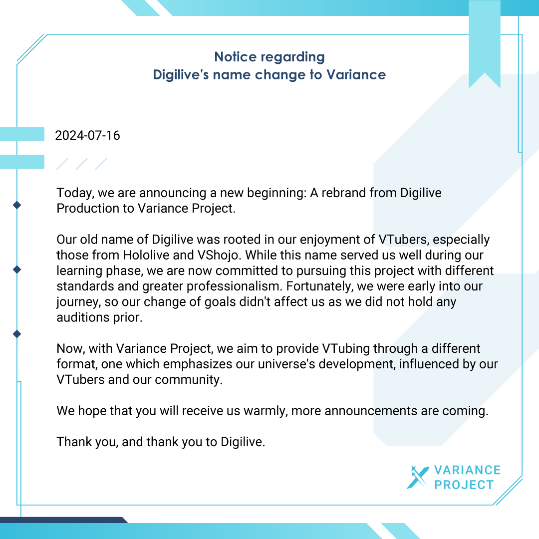 Variance_Pro's tweet photo. [📢Notice of Rebrand From Digilive to Variance📢]

Thank you Digilive, announcing the transition to Variance Project, more special announcements coming soon!

#VTuber #Varpro #ENVTuber https://t.co/Kl9CkoJOCS